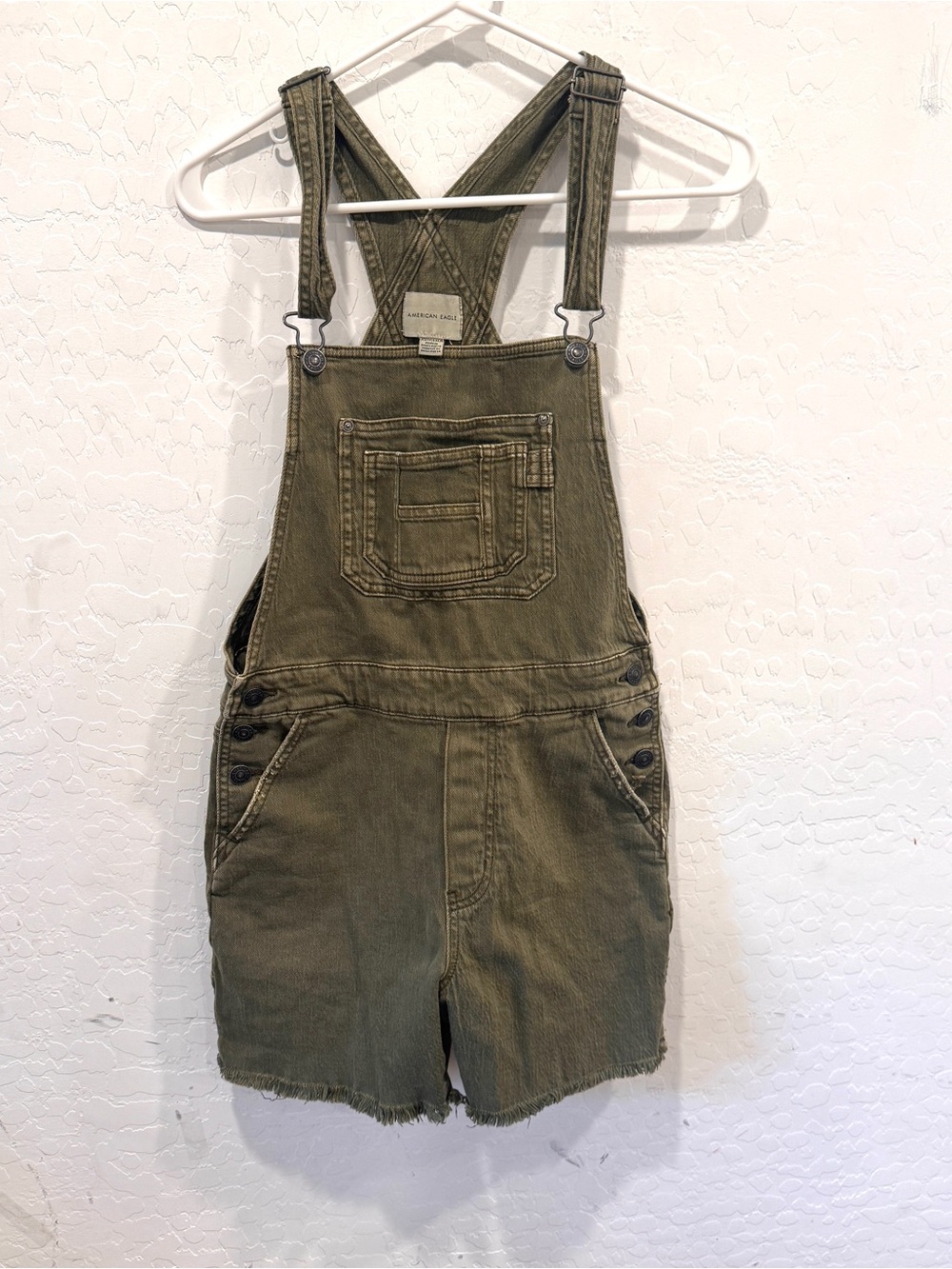 American Eagle Outfitters Green Short Denim Overalls Womens XS Raw Hem Summer